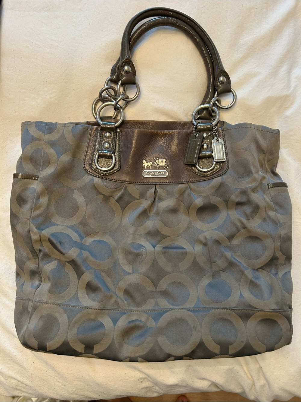 Coach Gray Monogram Canvas Tote with Dark Gray Leather Trim